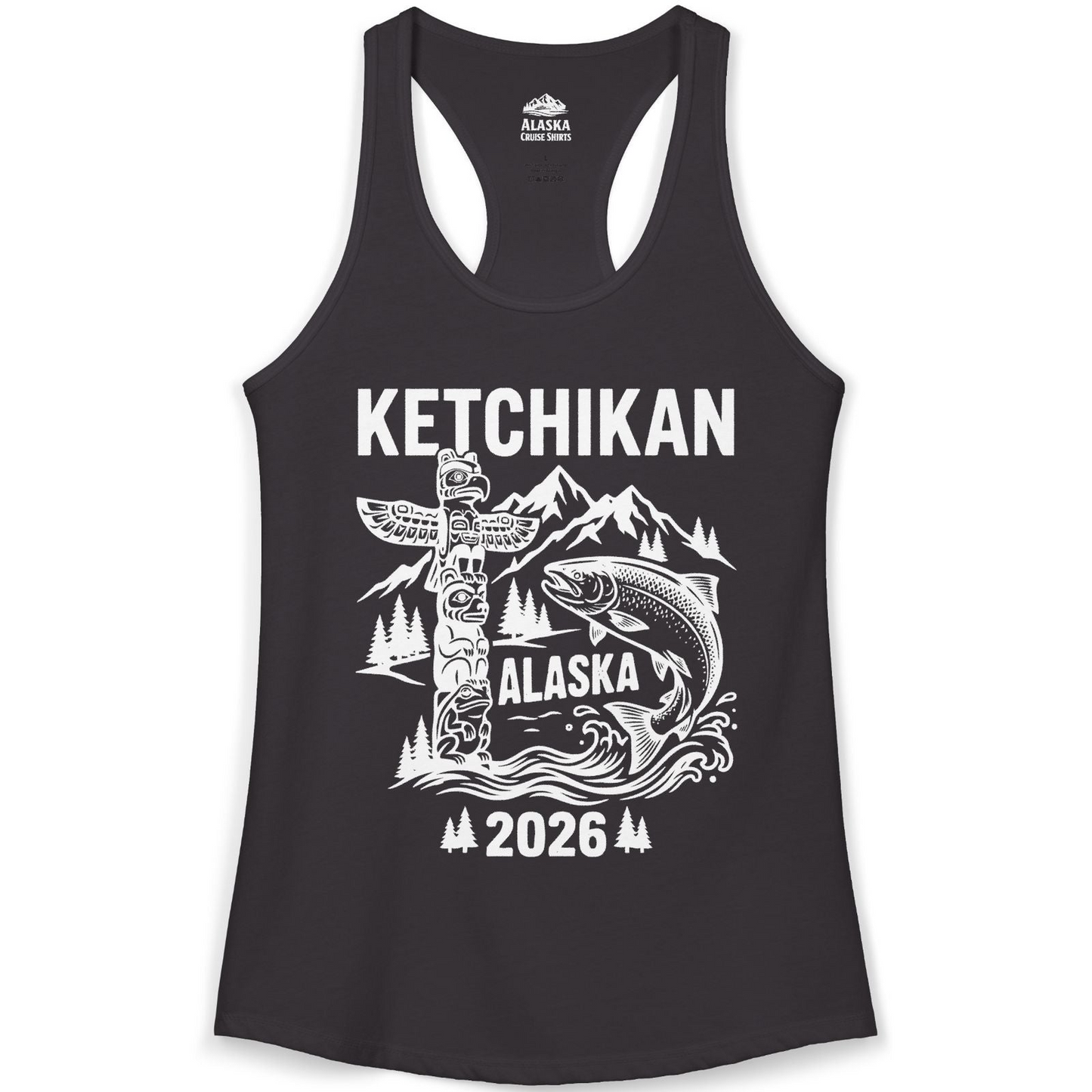 Ketchikan Alaska 2026 Totem Pole and Salmon Souvenir Shirt — Ladies Tank Tank Top – Alaska Cruise Shirts