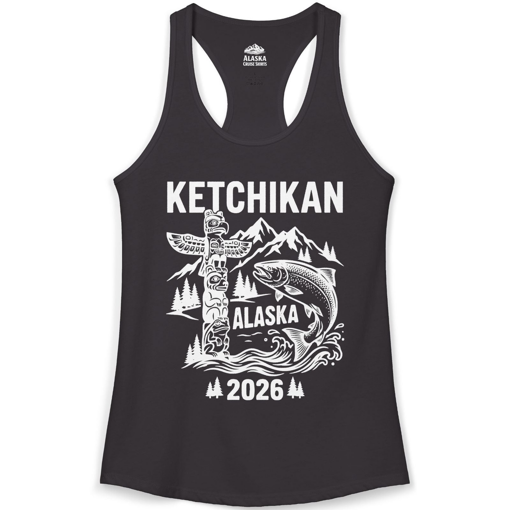 Ketchikan Alaska 2026 Totem Pole and Salmon Souvenir Shirt — Ladies Tank Tank Top – Alaska Cruise Shirts