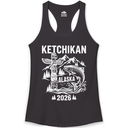 Ketchikan Alaska 2026 Totem Pole and Salmon Souvenir Shirt — Ladies Tank Tank Top – Alaska Cruise Shirts