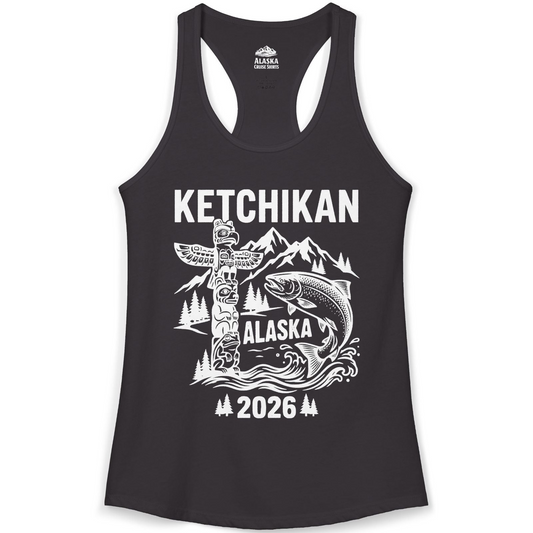 Ketchikan Alaska 2026 Totem Pole and Salmon Souvenir Shirt — Ladies Tank Tank Top – Alaska Cruise Shirts