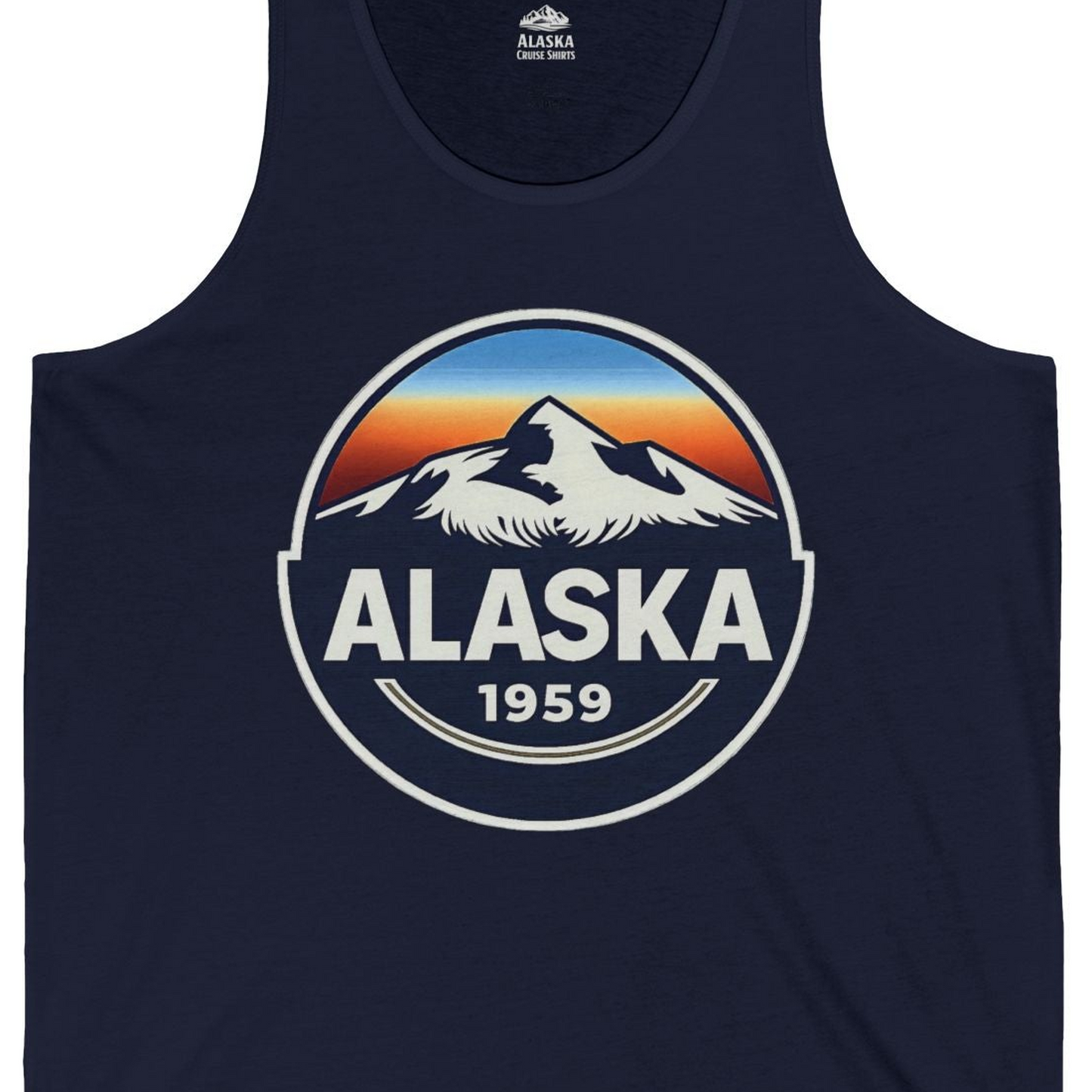 Alaska 1959 Retro Mountain Sunset Badge tank top Vintage Statehood tank top — Tank Top Tank Top – Alaska Cruise Shirts Close Up