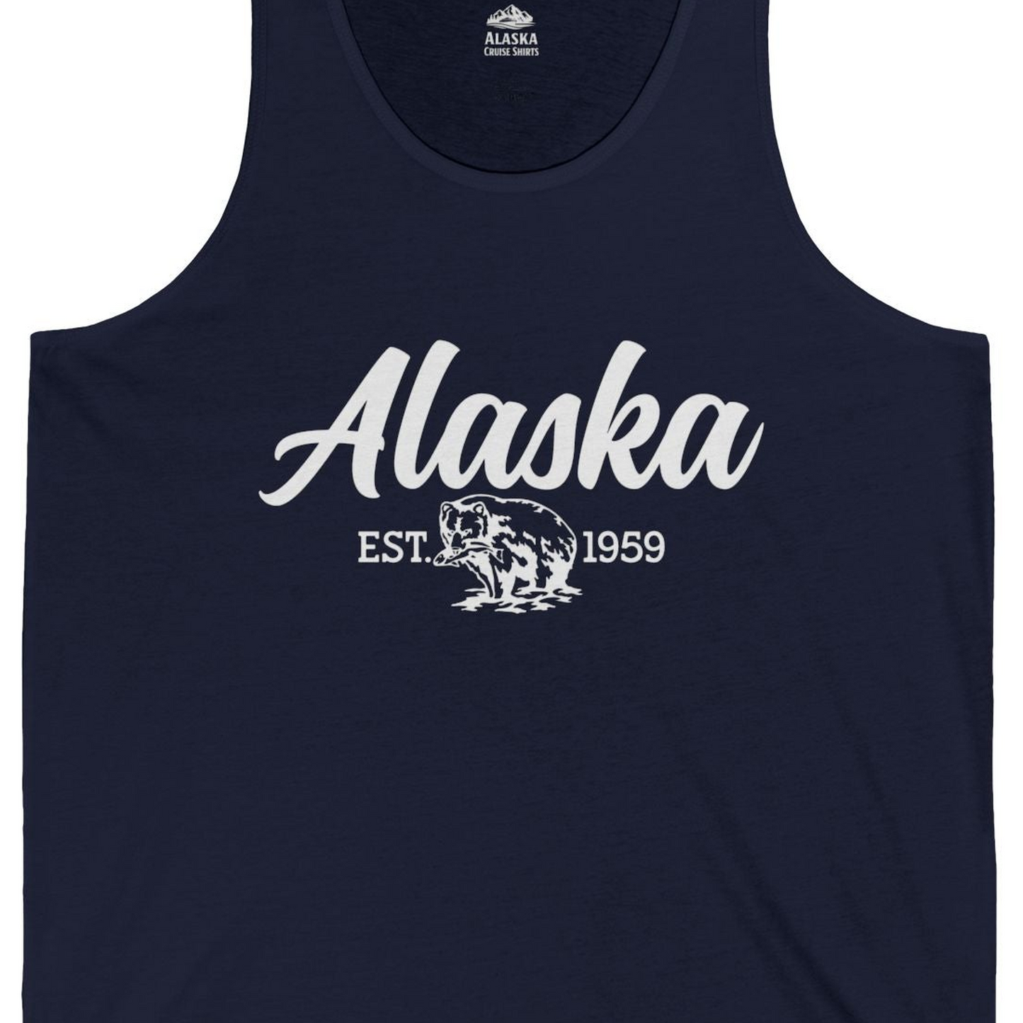 Alaska Bear Est 1959 Vintage Wildlife Graphic Monochrome Shirt — Tank Top Tank Top – Alaska Cruise Shirts Close Up