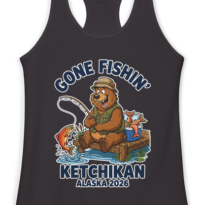 Gone Fishin Ketchikan Alaska 2026 Cartoon Bear Souvenir Shirt — Ladies Tank Tank Top – Alaska Cruise Shirts Close Up