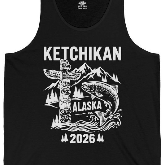 Ketchikan Alaska 2026 Totem Pole and Salmon Souvenir Shirt — Tank Top Tank Top – Alaska Cruise Shirts Close Up