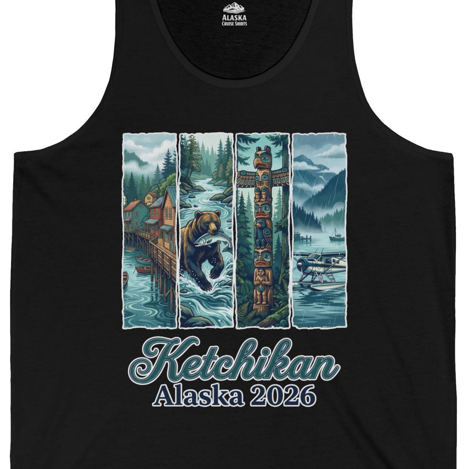 Ketchikan Alaska 2026 Scenic Nature and Totem Pole Art T-Shirt — Tank Top Tank Top – Alaska Cruise Shirts Close Up