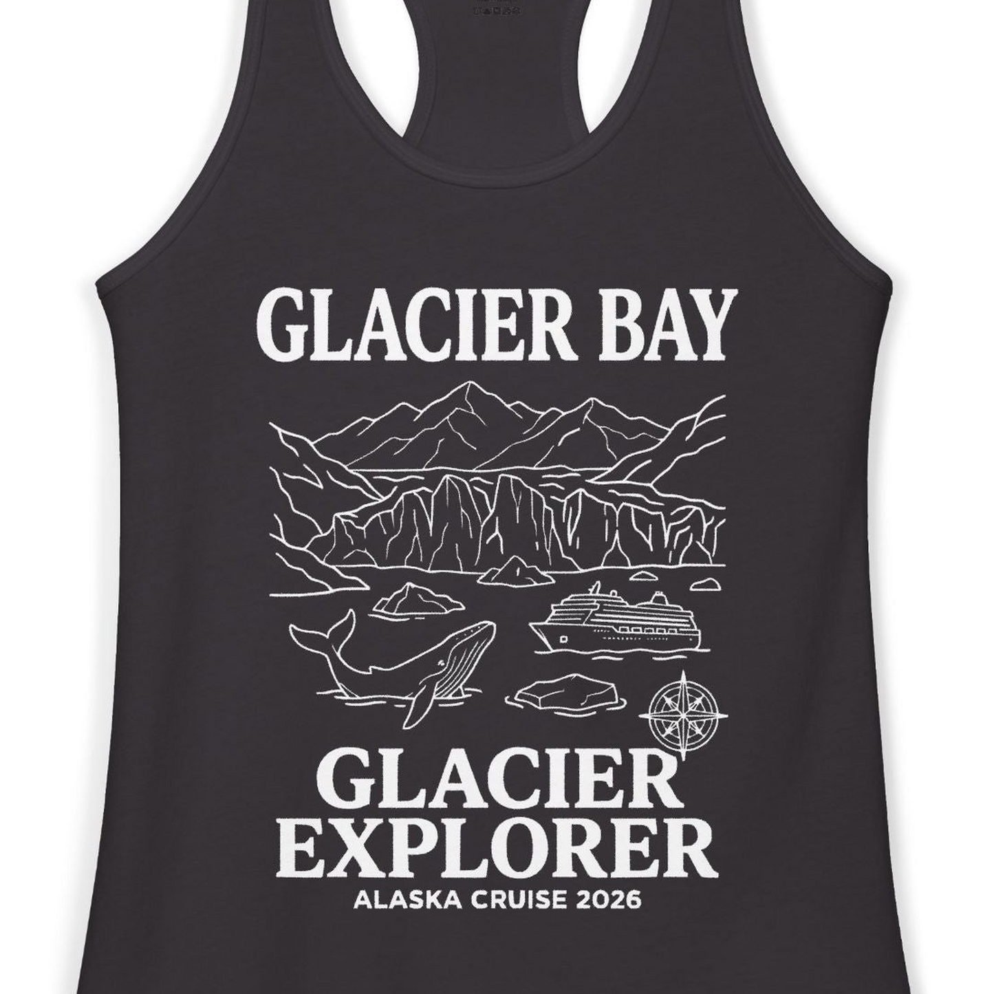 Glacier Bay Alaska Cruise 2026 Glacier Explorer Souvenir Shirt — Ladies Tank Tank Top – Alaska Cruise Shirts Close Up