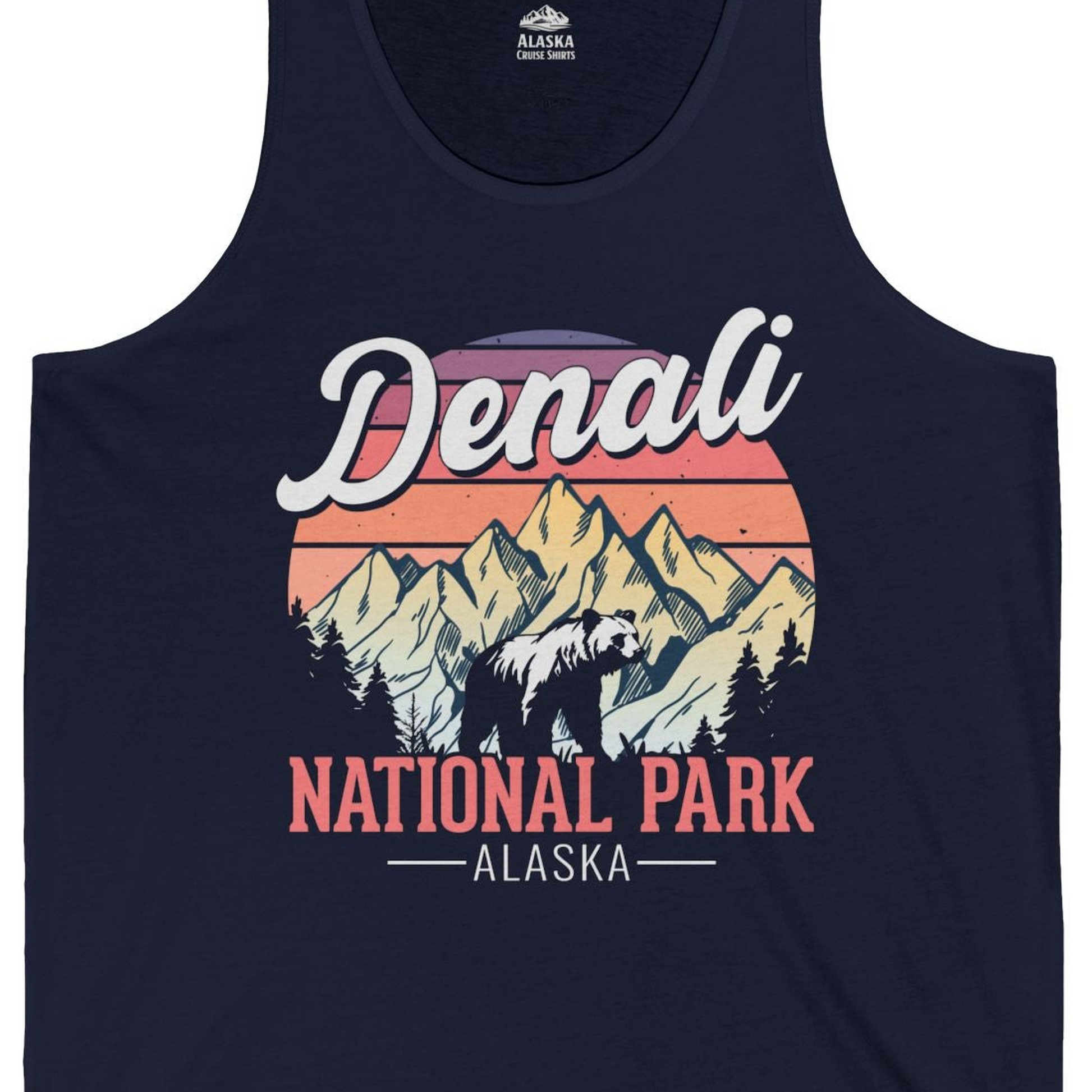 Retro Denali National Park Alaska Bear Mountains Vintage Shirt — Tank Top Tank Top – Alaska Cruise Shirts Close Up