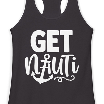 Get Nauti Nautical Pun Shirt with Anchor and Rope Graphic — Ladies Tank Tank Top – Alaska Cruise Shirts Close Up