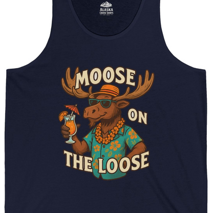 Moose On The Loose Funny Tropical Cartoon Vacation Shirt — Tank Top Tank Top – Alaska Cruise Shirts Close Up