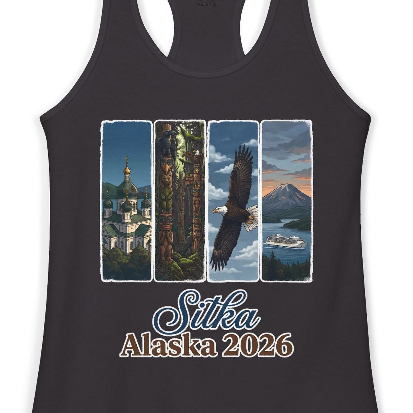 Sitka Alaska 2026 Cruise and Wildlife Souvenir Graphic Shirt — Ladies Tank Tank Top – Alaska Cruise Shirts Close Up