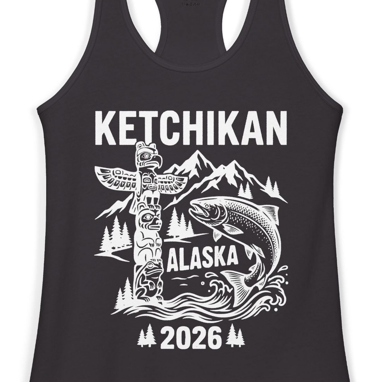 Ketchikan Alaska 2026 Totem Pole and Salmon Souvenir Shirt — Ladies Tank Tank Top – Alaska Cruise Shirts Close Up