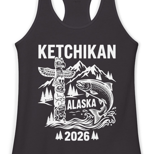 Ketchikan Alaska 2026 Totem Pole and Salmon Souvenir Shirt — Ladies Tank Tank Top – Alaska Cruise Shirts Close Up