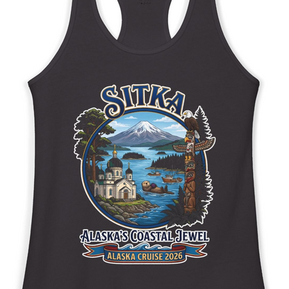 Sitka Alaska Cruise 2026 Alaska's Coastal Jewel Travel Souvenir Shirt — Ladies Tank Tank Top – Alaska Cruise Shirts Close Up