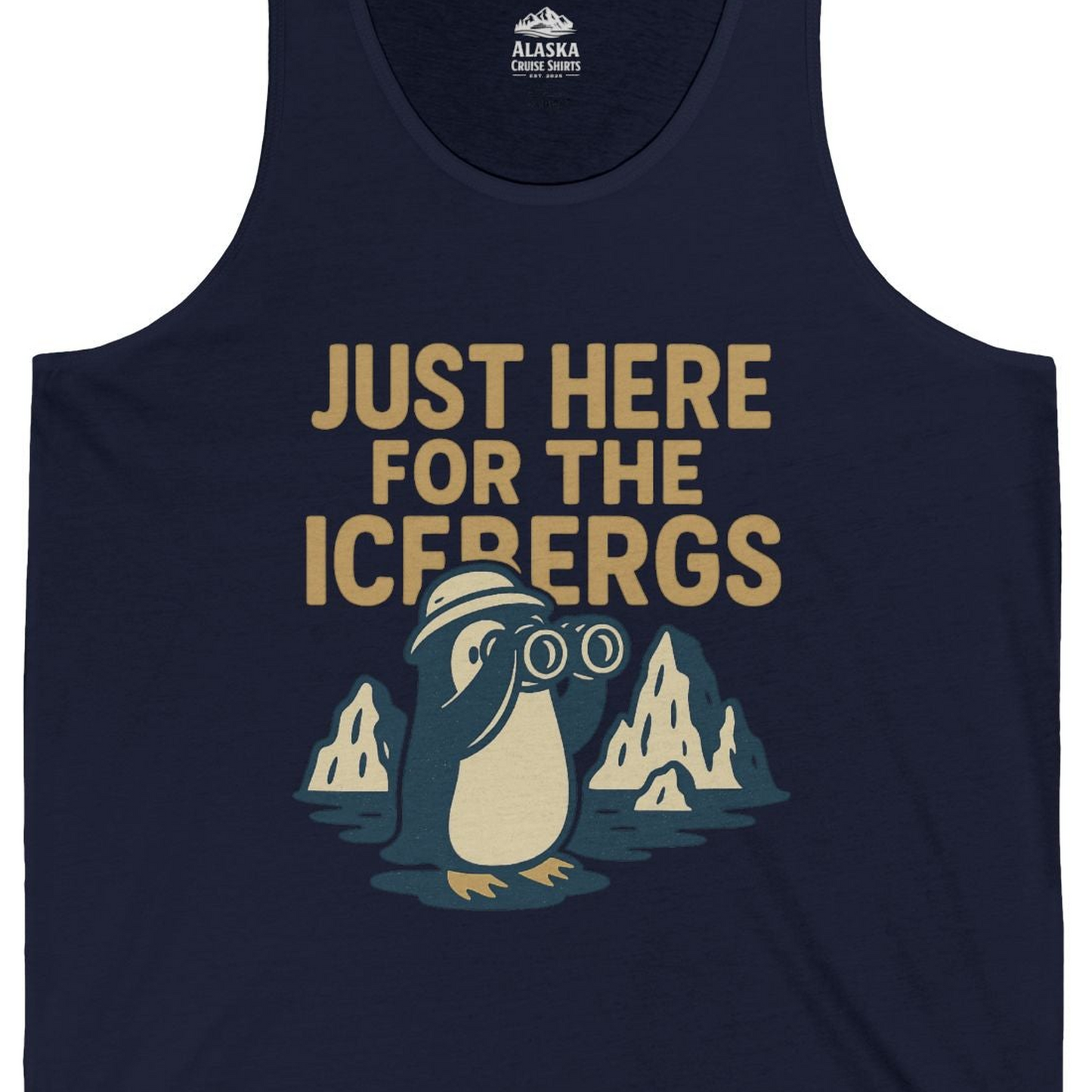 Just Here For The Icebergs Penguin Shirt Tank Top – Alaska Cruise Shirts Close Up