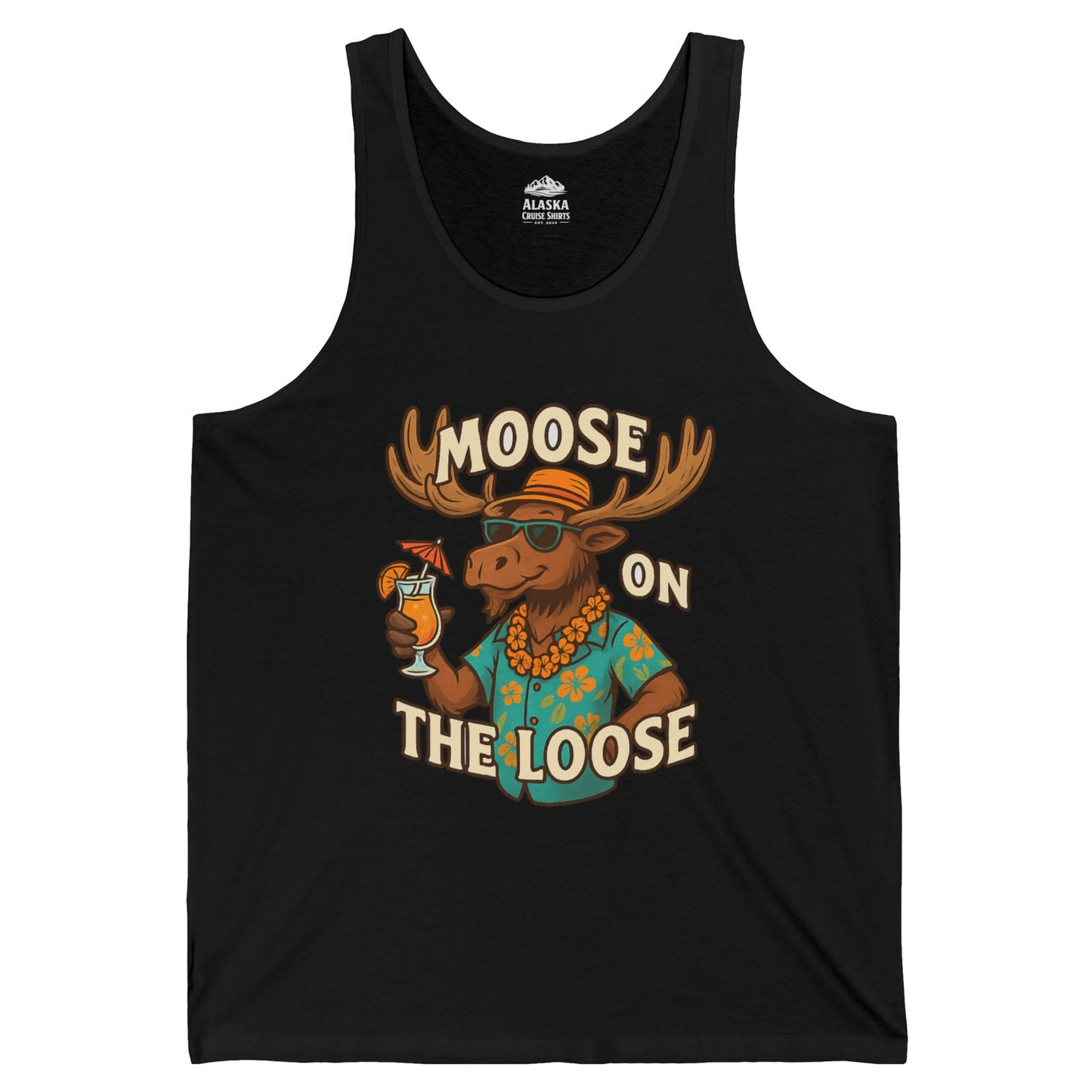 Moose On The Loose Funny Tropical Cartoon Vacation Shirt — Tank Top Tank Top – Black – Alaska Cruise Shirts