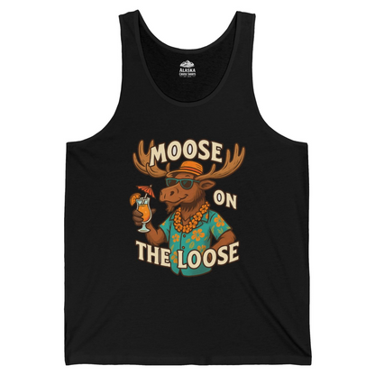 Moose On The Loose Funny Tropical Cartoon Vacation Shirt — Tank Top Tank Top – Black – Alaska Cruise Shirts