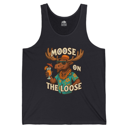 Moose On The Loose Funny Tropical Cartoon Vacation Shirt — Tank Top Tank Top – Dark Grey – Alaska Cruise Shirts