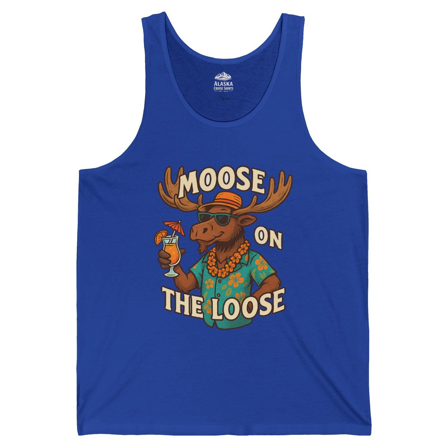 Moose On The Loose Funny Tropical Cartoon Vacation Shirt — Tank Top Tank Top – True Royal – Alaska Cruise Shirts