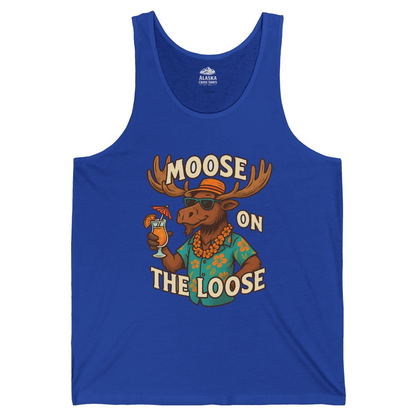 Moose On The Loose Funny Tropical Cartoon Vacation Shirt — Tank Top Tank Top – True Royal – Alaska Cruise Shirts