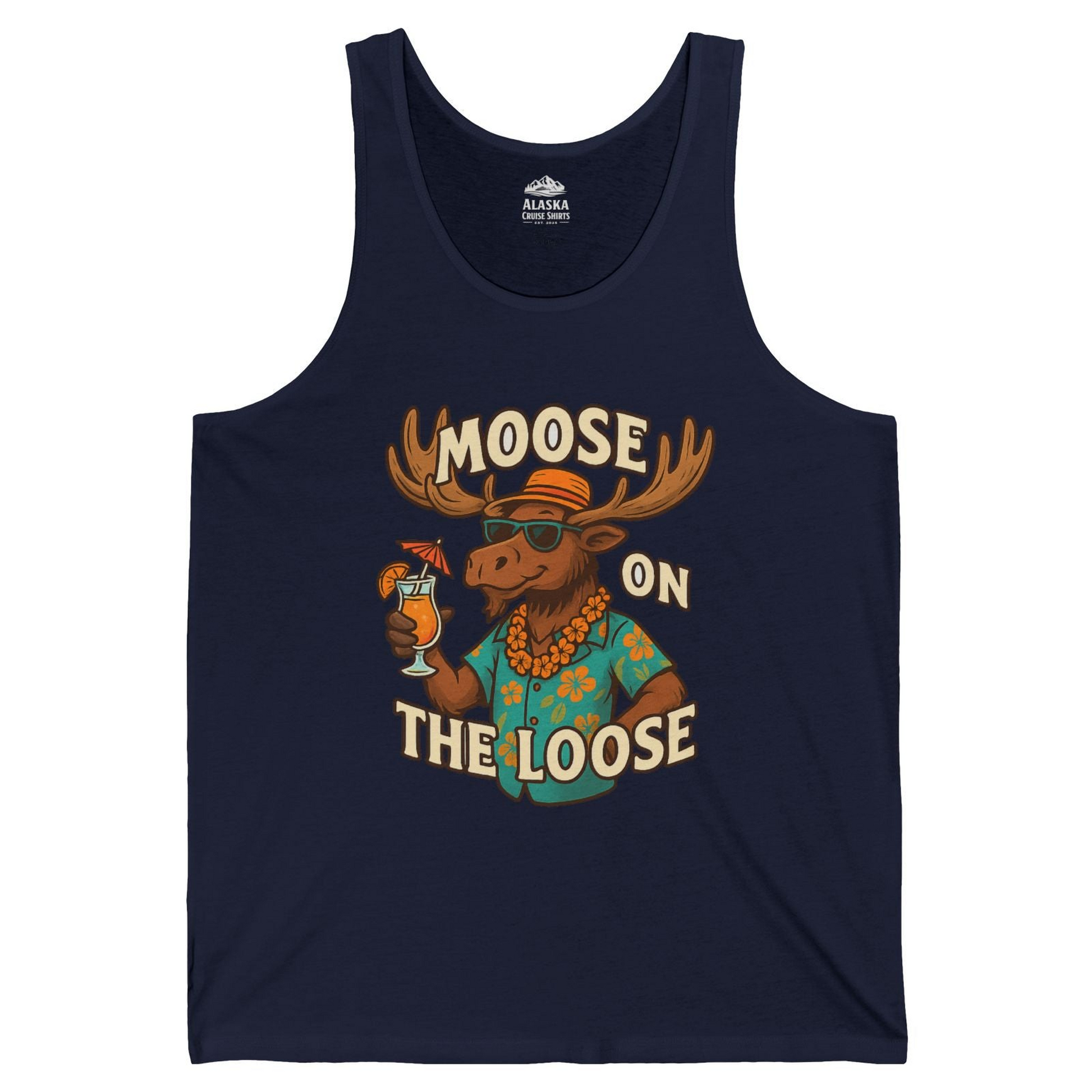 Moose On The Loose Funny Tropical Cartoon Vacation Shirt — Tank Top Tank Top – Navy – Alaska Cruise Shirts