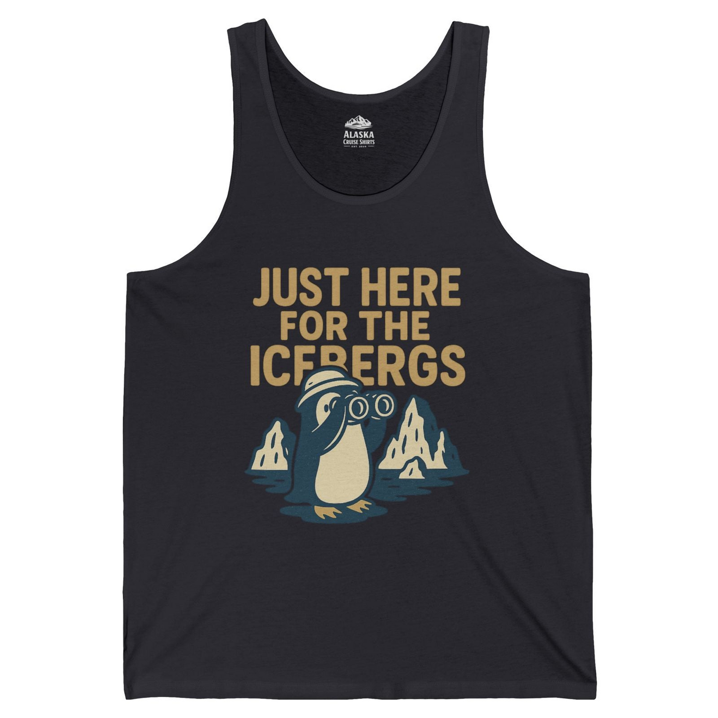Just Here For The Icebergs Penguin Shirt Tank Top – Dark Grey – Alaska Cruise Shirts