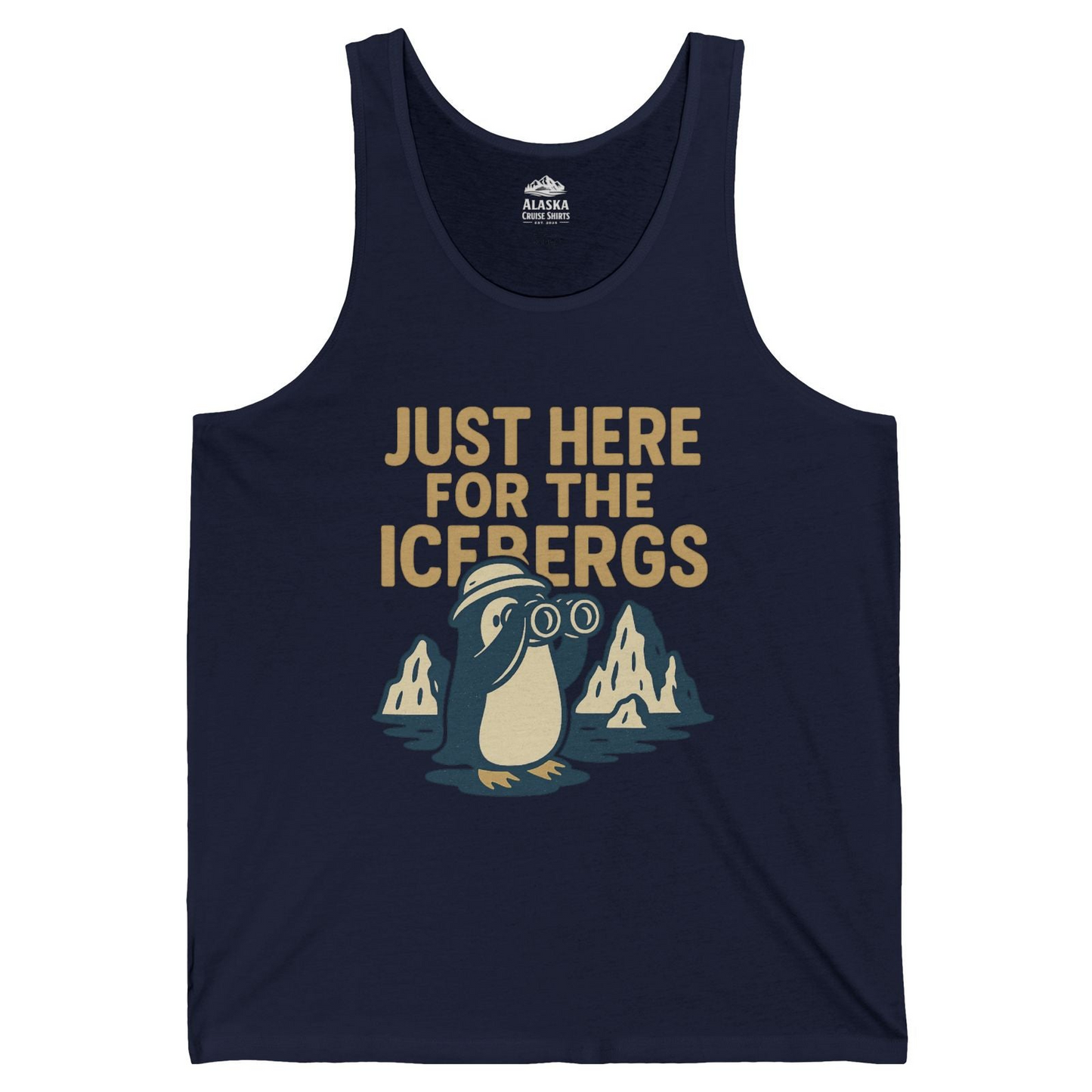 Just Here For The Icebergs Penguin Shirt Tank Top – Navy – Alaska Cruise Shirts