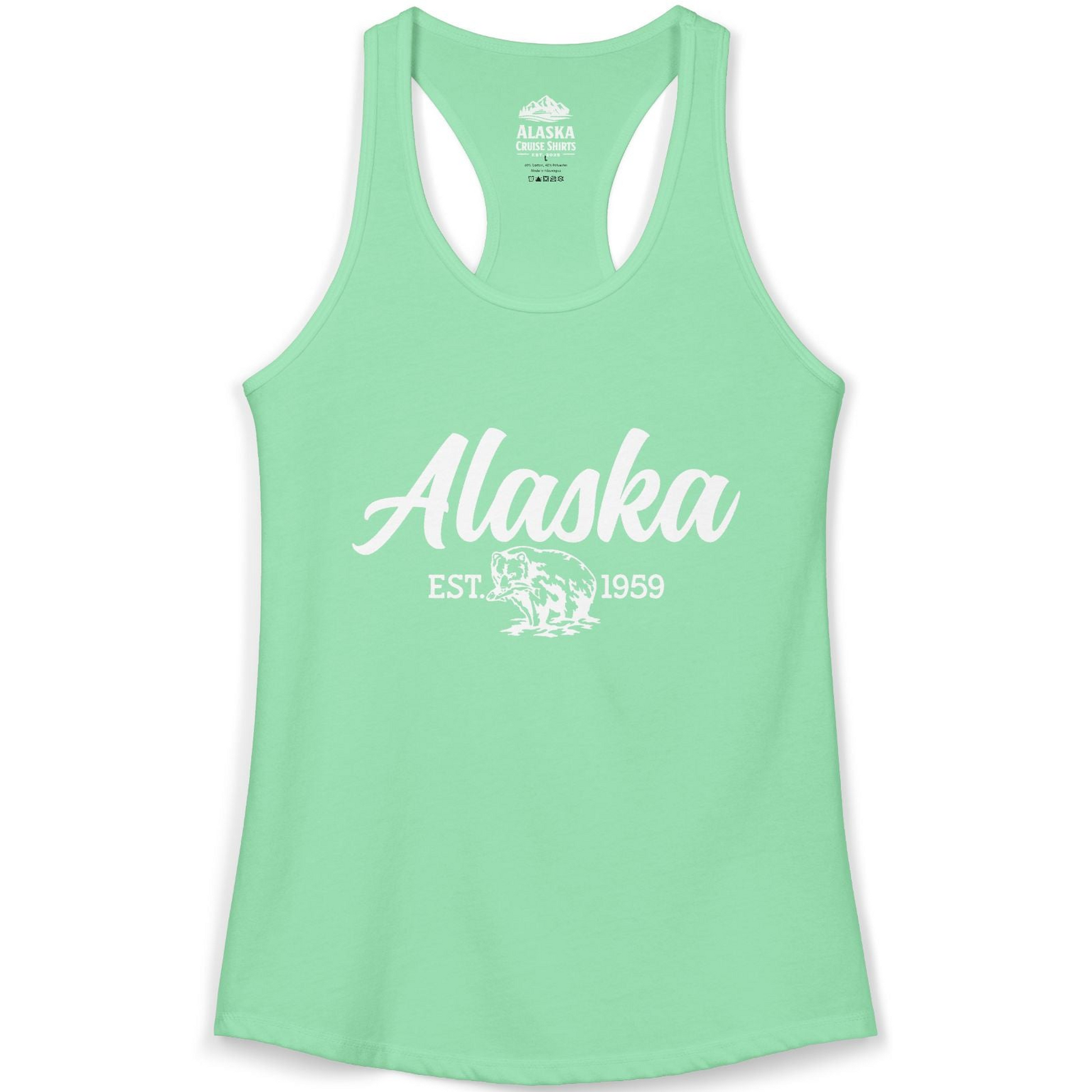 Alaska Bear Est 1959 Vintage Wildlife Graphic Monochrome Shirt — Ladies Tank Tank Top – Solid Mint – Alaska Cruise Shirts