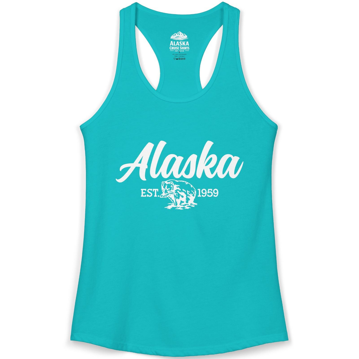 Alaska Bear Est 1959 Vintage Wildlife Graphic Monochrome Shirt — Ladies Tank Tank Top – Tahiti Blue – Alaska Cruise Shirts