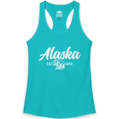 Alaska Bear Est 1959 Vintage Wildlife Graphic Monochrome Shirt — Ladies Tank Tank Top – Tahiti Blue – Alaska Cruise Shirts