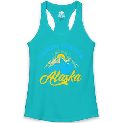 Alaska Cruise Adventure Mountains Sunrise Retro Shirt for Travelers — Ladies Tank Tank Top – Tahiti Blue – Alaska Cruise Shirts