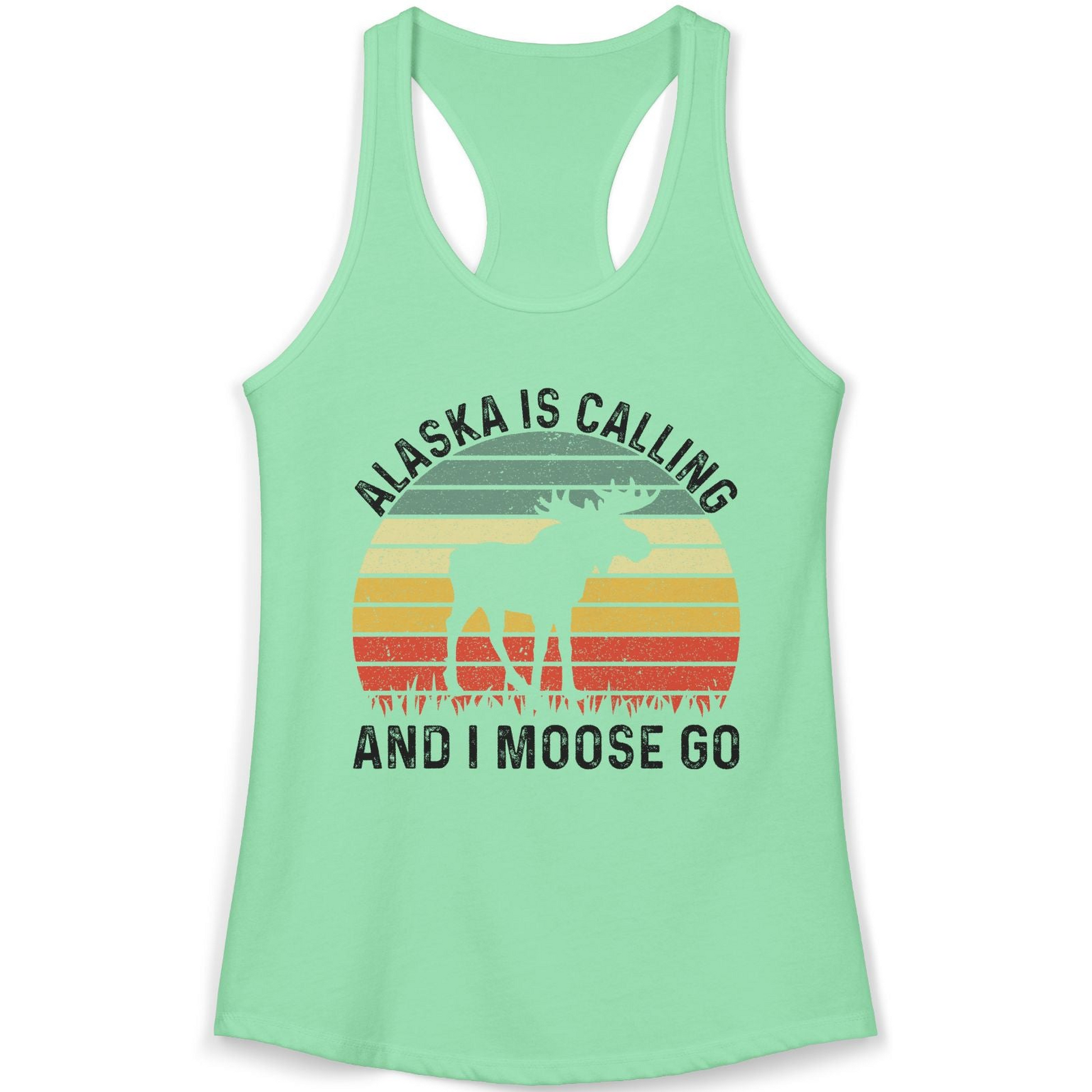 Alaska Is Calling And I Moose Go Retro Sunset Moose Graphic Shirt — Ladies Tank Tank Top – Solid Mint – Alaska Cruise Shirts