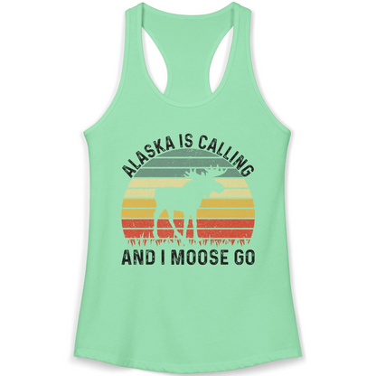 Alaska Is Calling And I Moose Go Retro Sunset Moose Graphic Shirt — Ladies Tank Tank Top – Solid Mint – Alaska Cruise Shirts