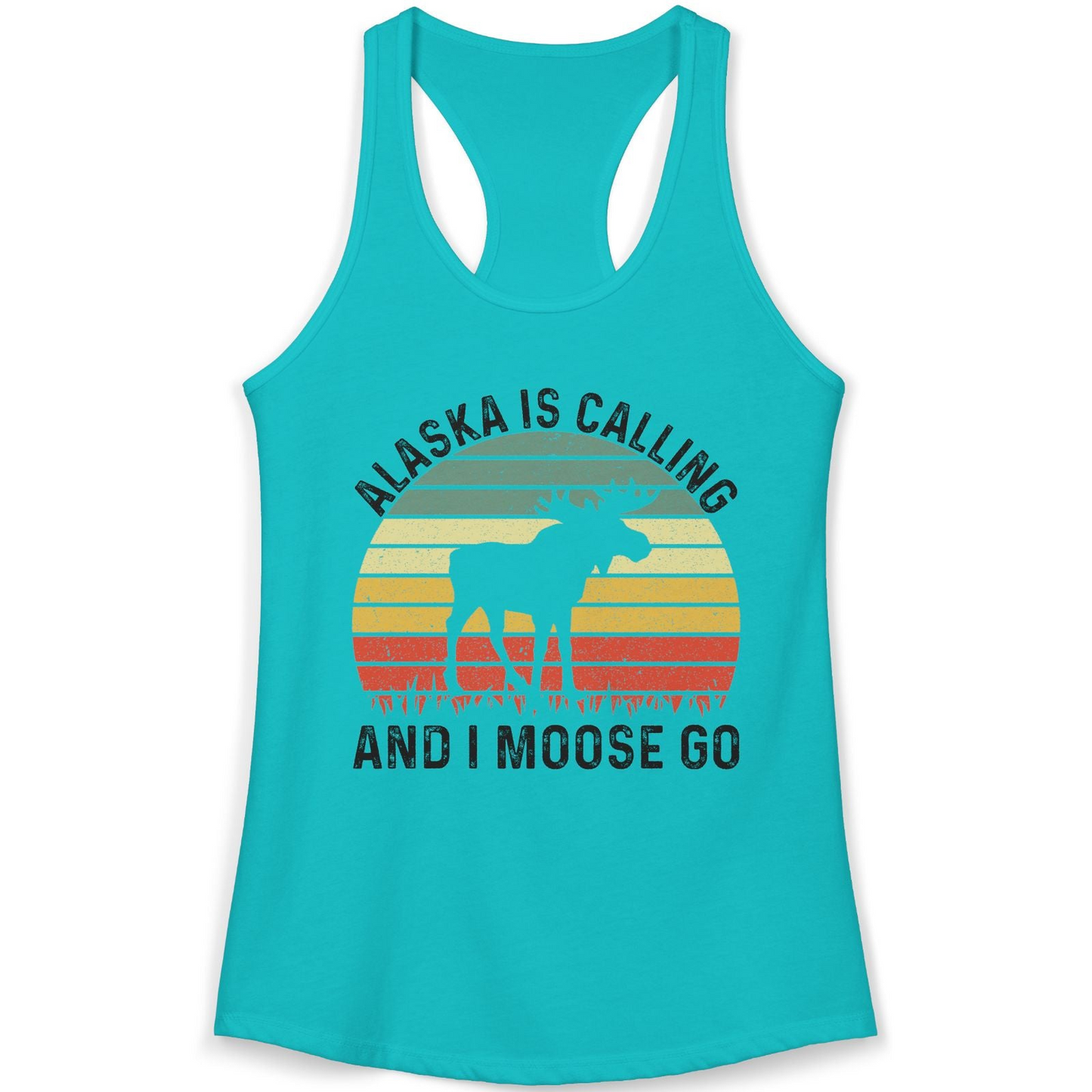 Alaska Is Calling And I Moose Go Retro Sunset Moose Graphic Shirt — Ladies Tank Tank Top – Tahiti Blue – Alaska Cruise Shirts
