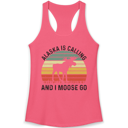 Alaska Is Calling And I Moose Go Retro Sunset Moose Graphic Shirt — Ladies Tank Tank Top – Hot Pink – Alaska Cruise Shirts