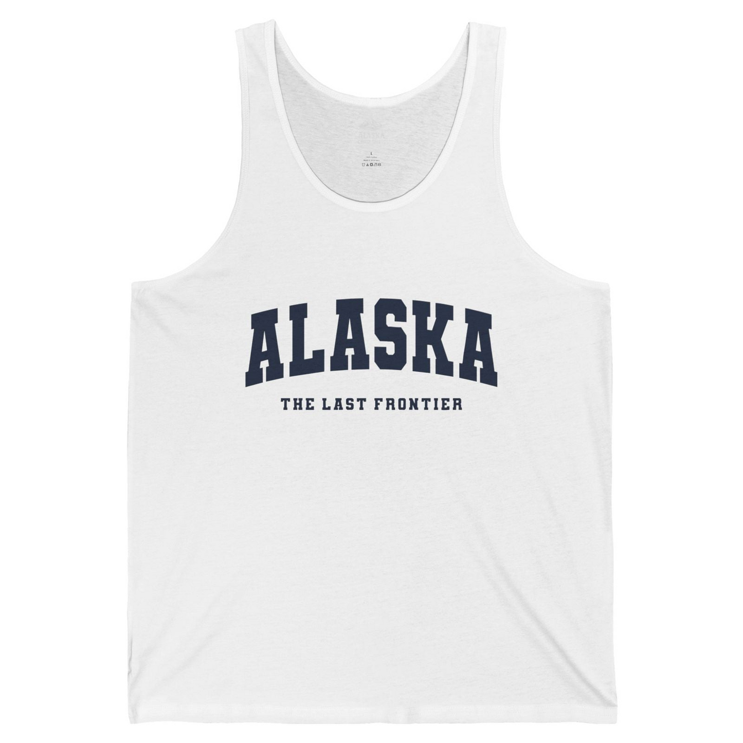 Alaska The Last Frontier Bold Collegiate Vintage State Pride Shirt — Tank Top Tank Top – White – Alaska Cruise Shirts