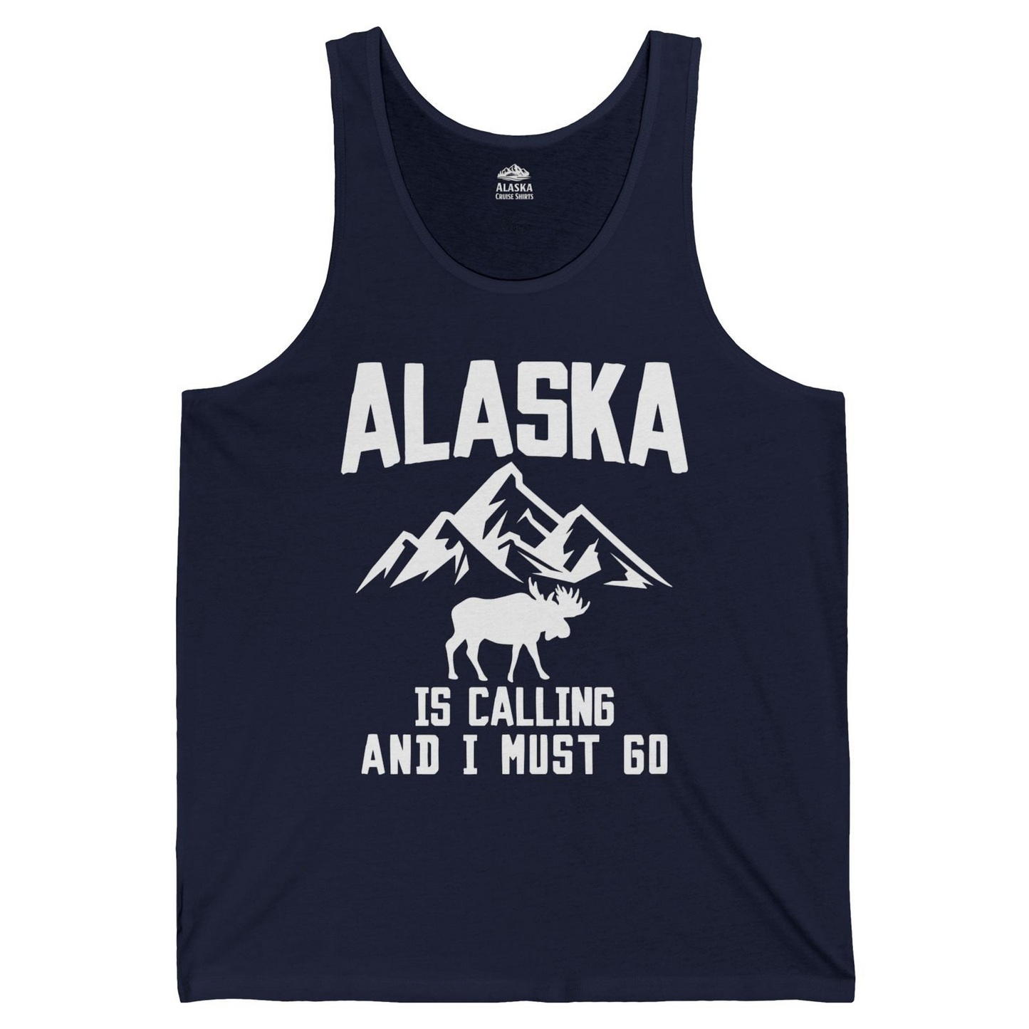 Alaska Is Calling Moose Mountains Adventure Silhouette Nature tank top — Tank Top Tank Top – Navy – Alaska Cruise Shirts
