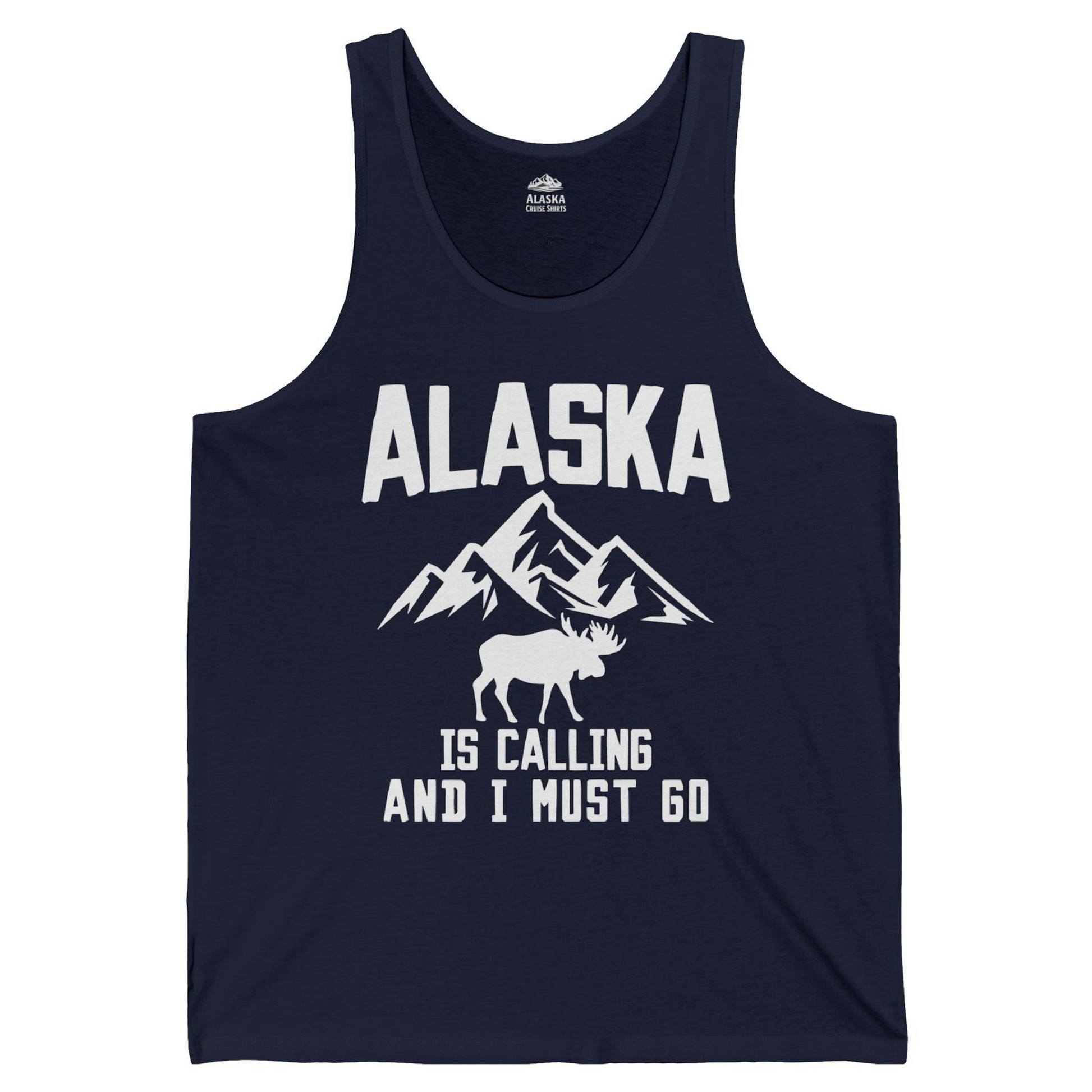 Alaska Is Calling Moose Mountains Adventure Silhouette Nature tank top — Tank Top Tank Top – Navy – Alaska Cruise Shirts