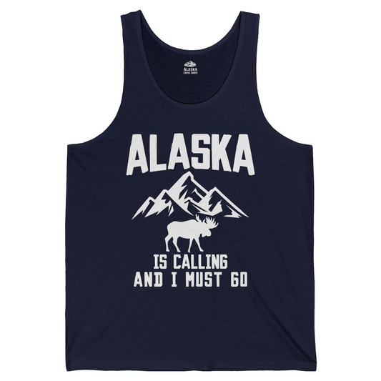 Alaska Is Calling Moose Mountains Adventure Silhouette Nature tank top — Tank Top Tank Top – Navy – Alaska Cruise Shirts