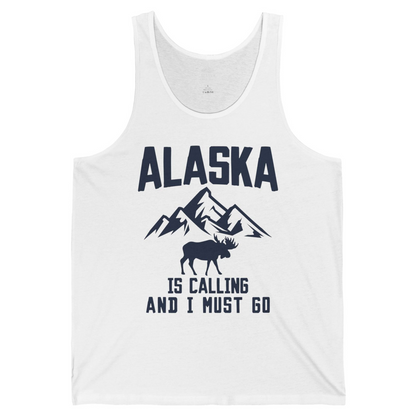Alaska Is Calling Moose Mountains Adventure Silhouette Nature tank top — Tank Top Tank Top – White – Alaska Cruise Shirts