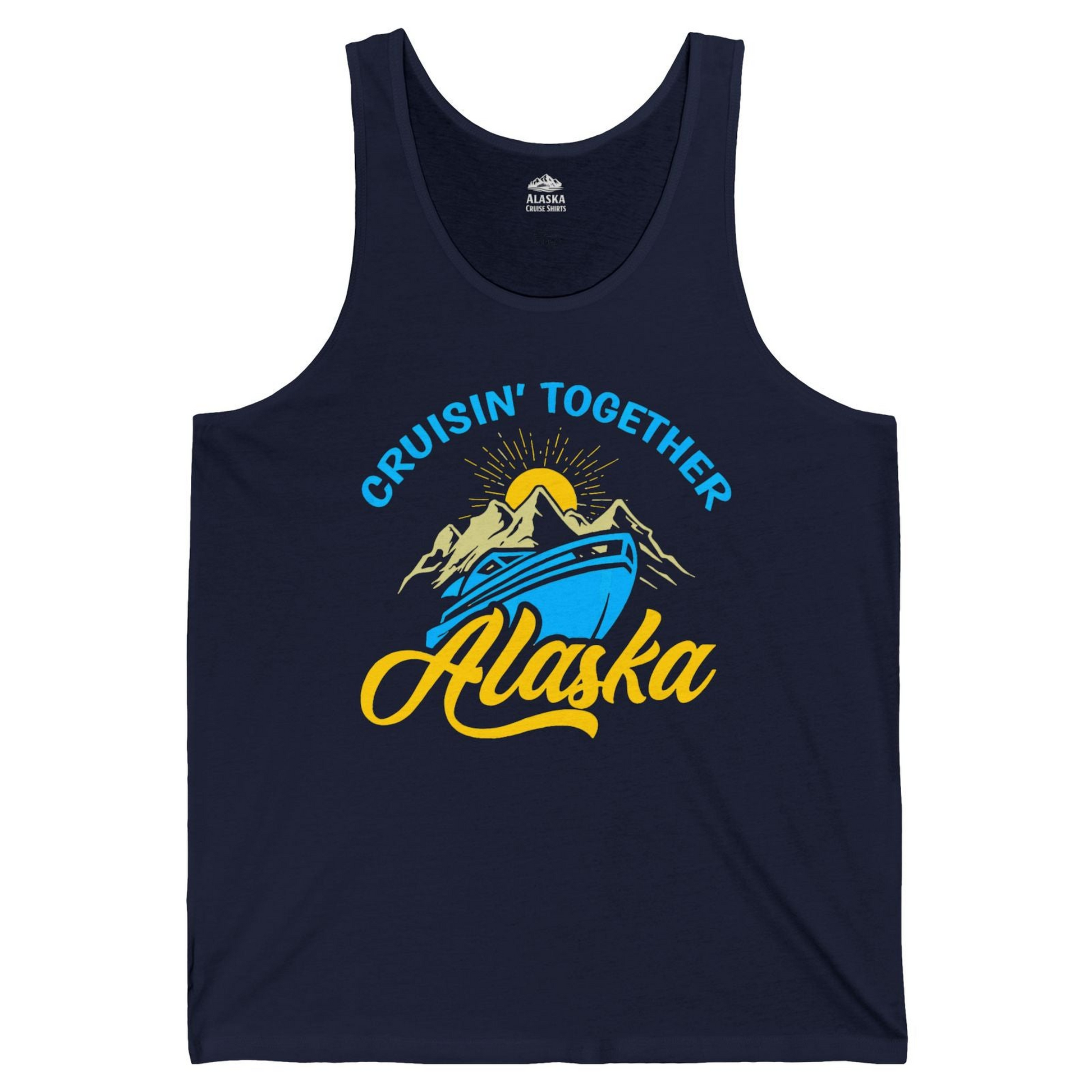 Alaska Cruise Adventure Mountains Sunrise Retro Shirt for Travelers — Tank Top Tank Top – Navy – Alaska Cruise Shirts