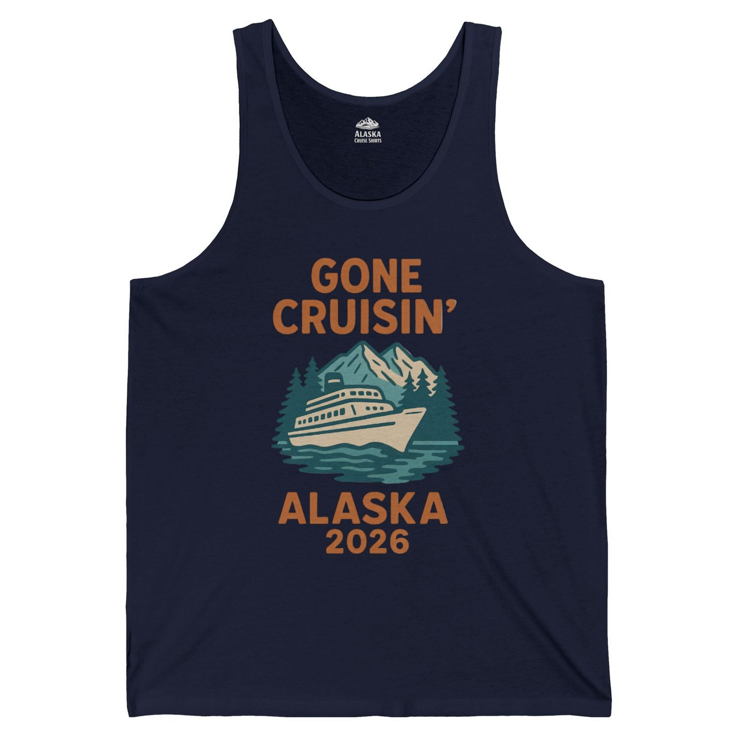 Gone Cruisin Alaska 2026 Retro Cruise Ship Nature Scenery Shirt — Tank Top Tank Top – Navy – Alaska Cruise Shirts