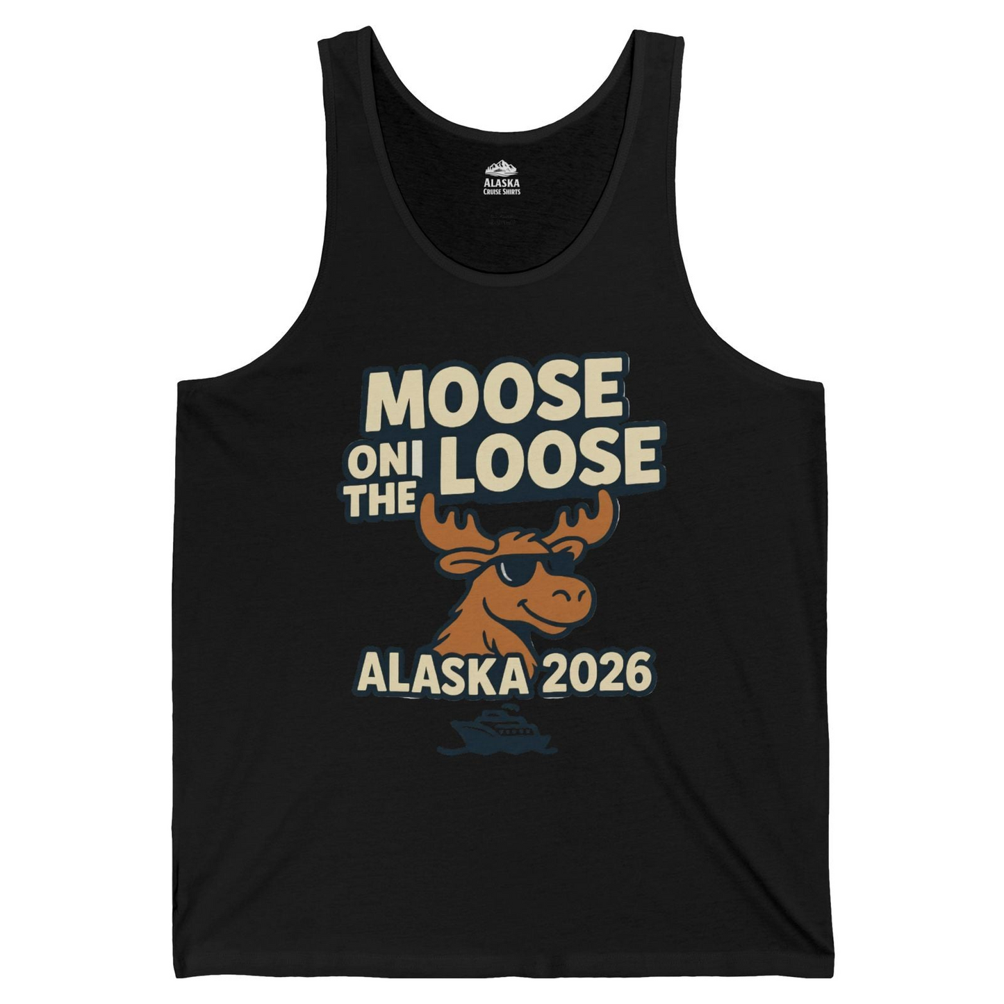 Moose on the Loose Alaska 2026 Cruise Cartoon Funny Shirt — Tank Top Tank Top – Black – Alaska Cruise Shirts