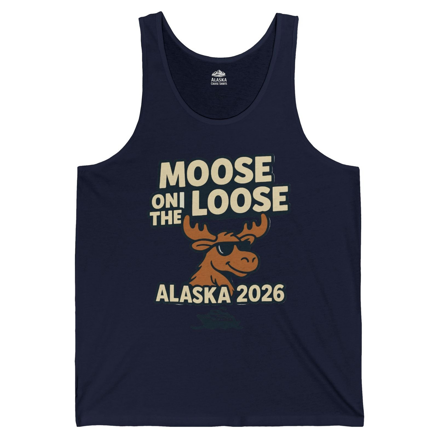 Moose on the Loose Alaska 2026 Cruise Cartoon Funny Shirt — Tank Top Tank Top – Navy – Alaska Cruise Shirts