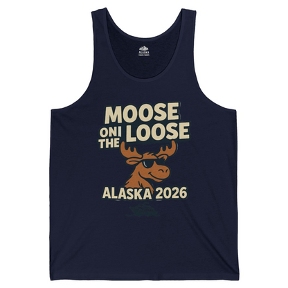 Moose on the Loose Alaska 2026 Cruise Cartoon Funny Shirt — Tank Top Tank Top – Navy – Alaska Cruise Shirts