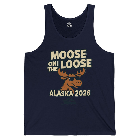 Moose on the Loose Alaska 2026 Cruise Cartoon Funny Shirt — Tank Top Tank Top – Navy – Alaska Cruise Shirts