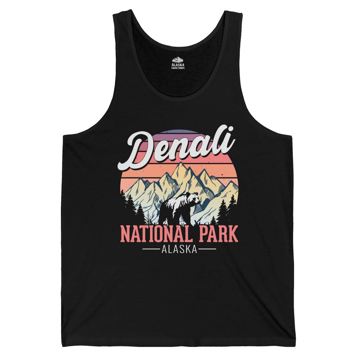 Retro Denali National Park Alaska Bear Mountains Vintage Shirt — Tank Top Tank Top – Black – Alaska Cruise Shirts