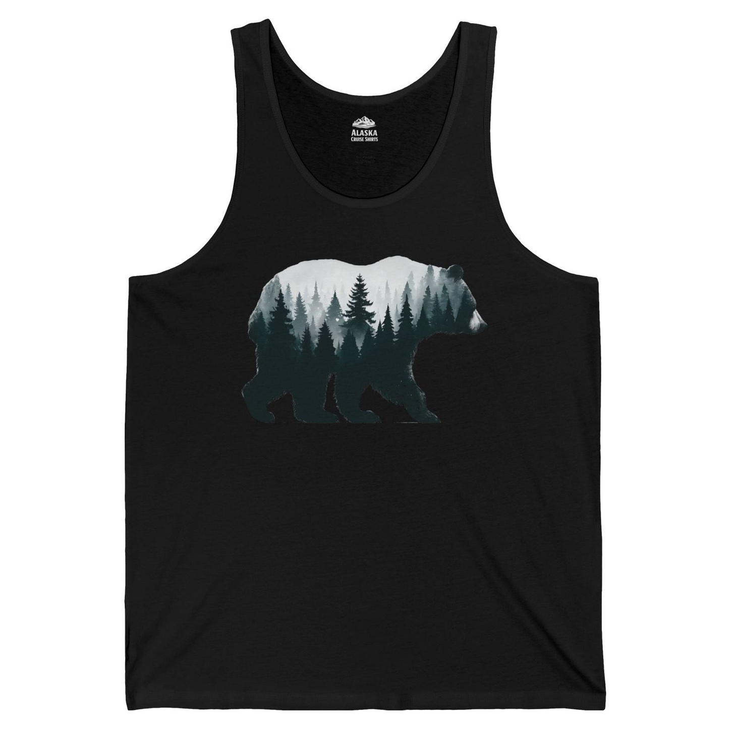 Double Exposure Bear Forest Silhouette Wilderness Shirt for Nature Lovers — Tank Top Tank Top – Black – Alaska Cruise Shirts