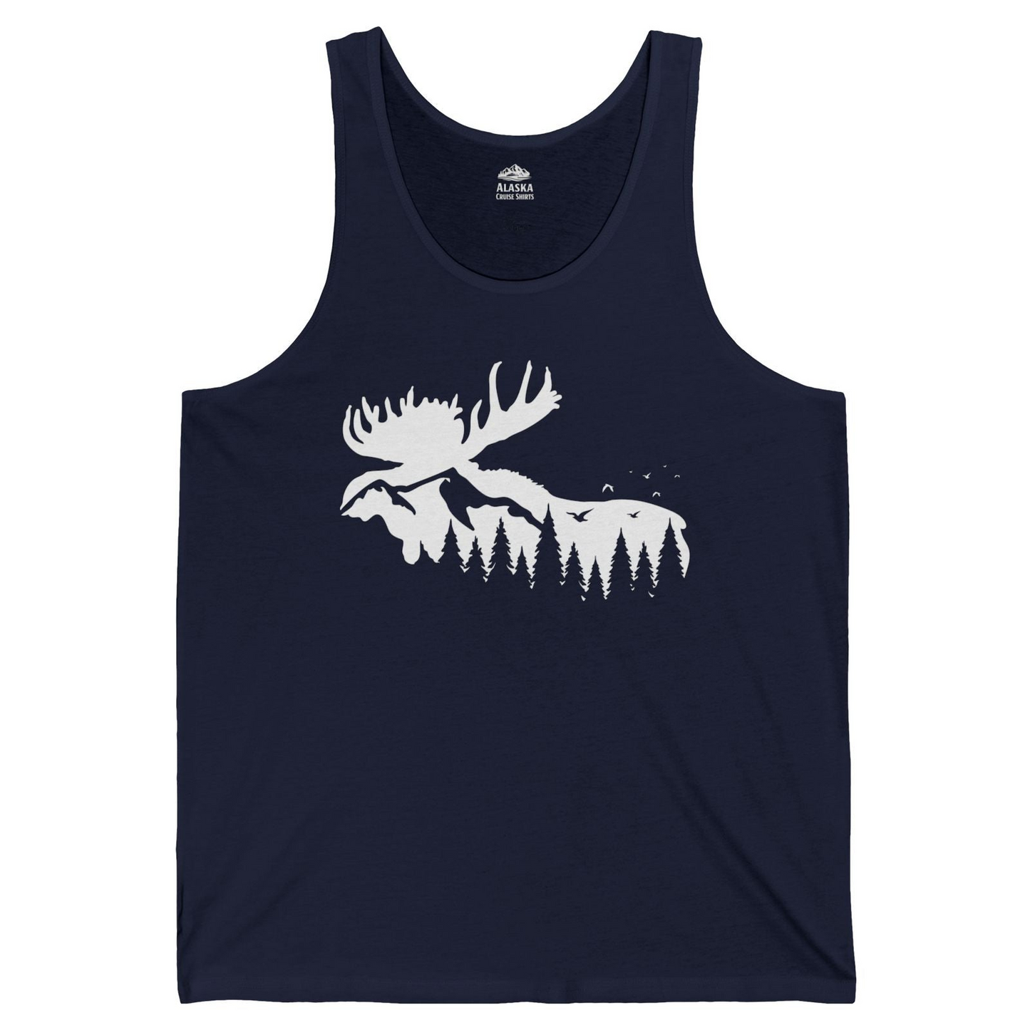 Moose Silhouette Forest Scene Shirt Tank Top – Navy – Alaska Cruise Shirts