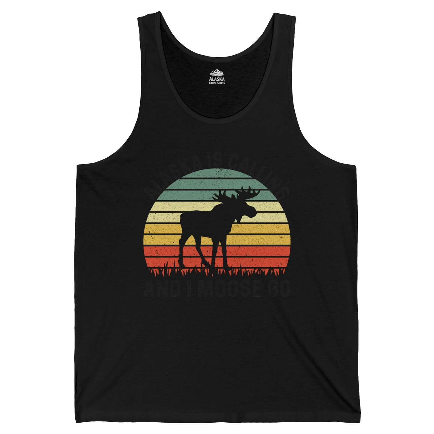 Alaska Is Calling And I Moose Go Retro Sunset Moose Graphic Shirt — Tank Top Tank Top – Black – Alaska Cruise Shirts