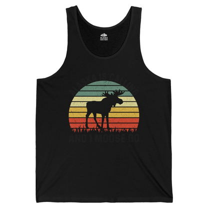 Alaska Is Calling And I Moose Go Retro Sunset Moose Graphic Shirt — Tank Top Tank Top – Black – Alaska Cruise Shirts